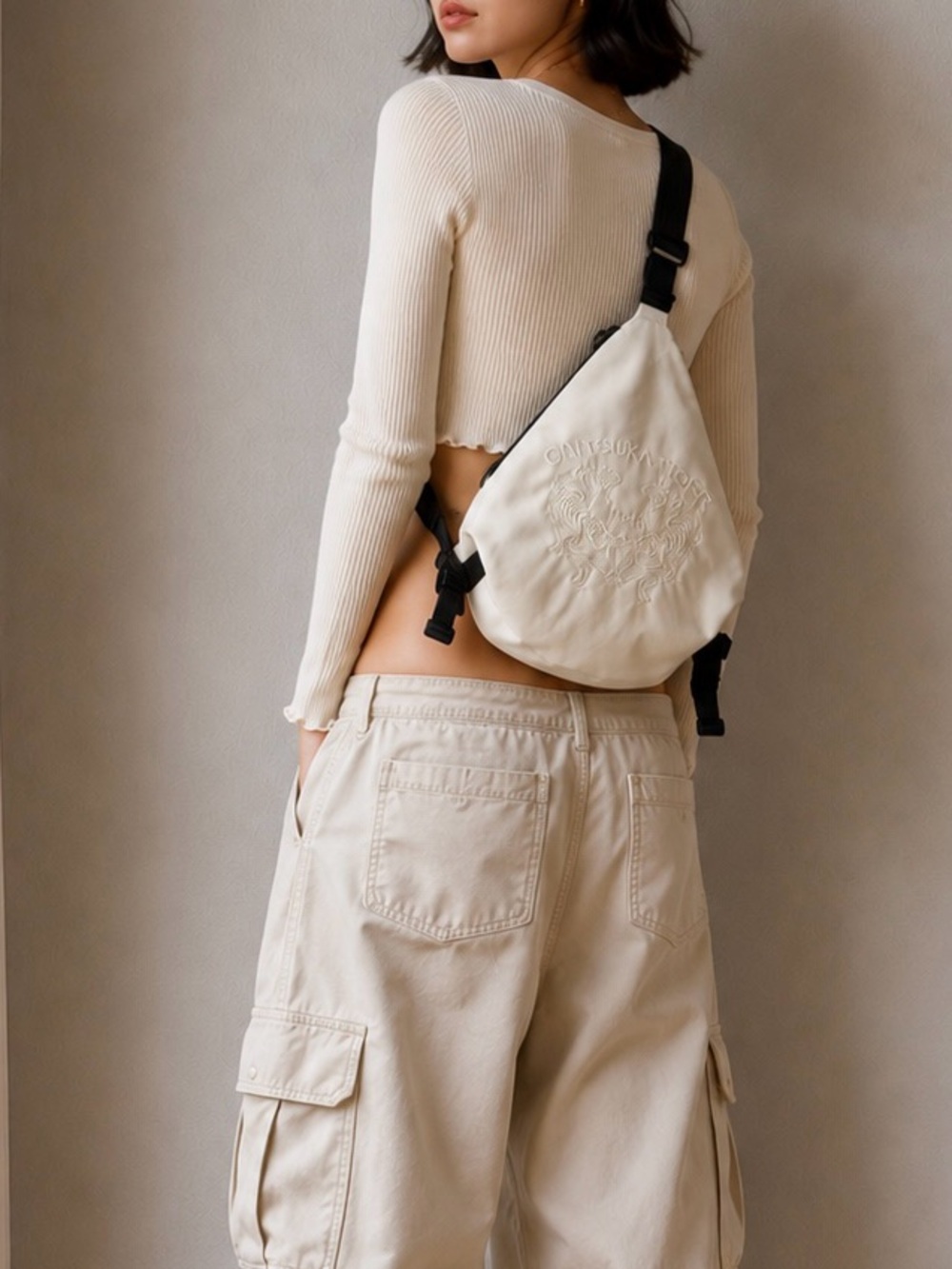 Onitsuka Tiger Cream Mini Backpack / Sling Bag Embroidered